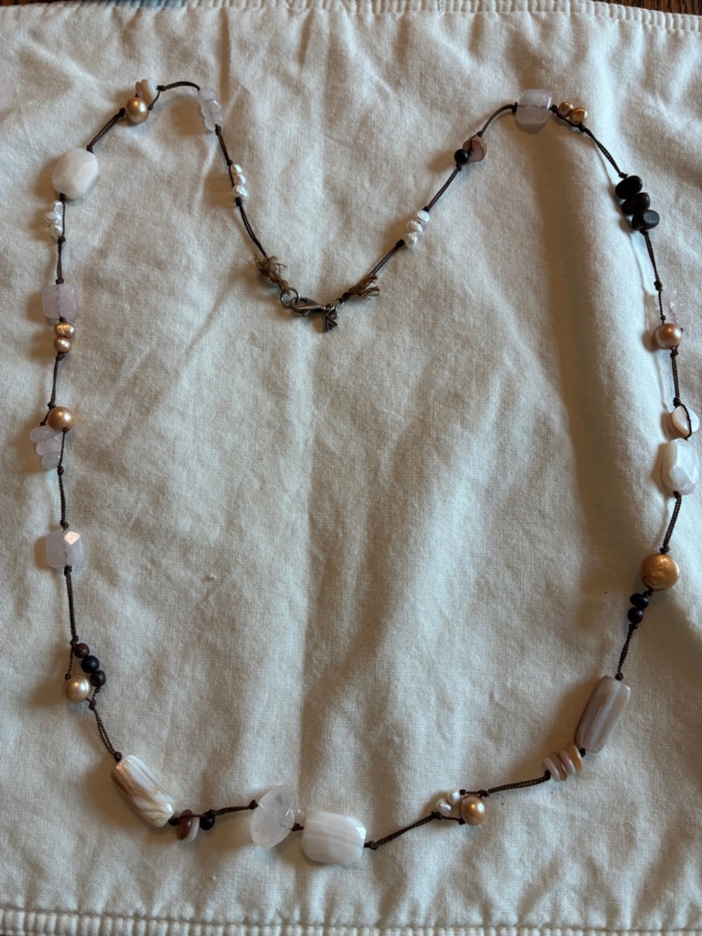 Silpada Pink Rose Quartz, Shell Pearl, Wood, Brown Silk Necklace N1428
